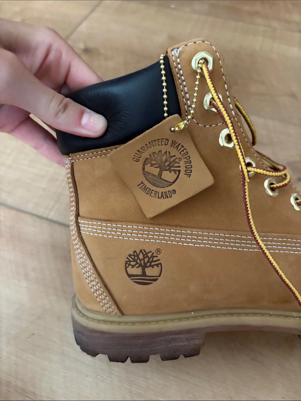 Timberland Wheat Boots with Black Collar and Yellow Laces